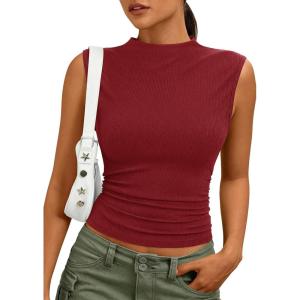 PRETTYGARDEN Sleeveless Tops for Women Ribbed Mock Neck Tank Top Slim Fitted Ruched Basic Layering Shirts 2026 Summer Clothes(Red)