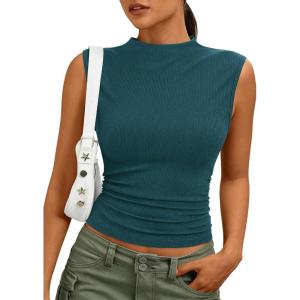 PRETTYGARDEN Sleeveless Tops for Women Ribbed Mock Neck Tank Top Slim Fitted Ruched Basic Layering Shirts 2026 Summer Clothes(Teal)