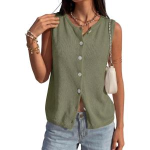 PRETTYGARDEN Sweater Vest Women 2026 Summer Sleeveless Cardigans Trendy Knit Vest Top Button Down Spring Sweater Tops(Army Green)