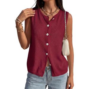 PRETTYGARDEN Sweater Vest Women 2026 Summer Sleeveless Cardigans Trendy Knit Vest Top Button Down Spring Sweater Tops(Burgundy)