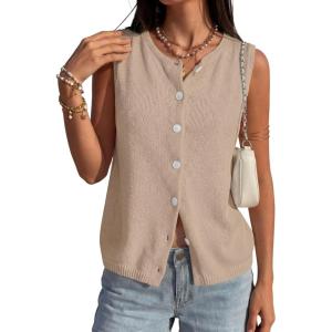 PRETTYGARDEN Sweater Vest Women 2026 Summer Sleeveless Cardigans Trendy Knit Vest Top Button Down Spring Sweater Tops(Khaki)