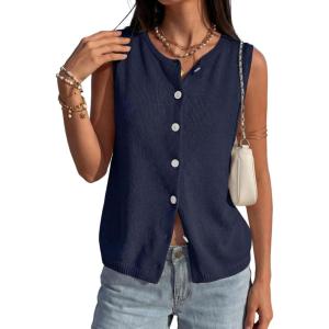 PRETTYGARDEN Sweater Vest Women 2026 Summer Sleeveless Cardigans Trendy Knit Vest Top Button Down Spring Sweater Tops(Navy Blue)