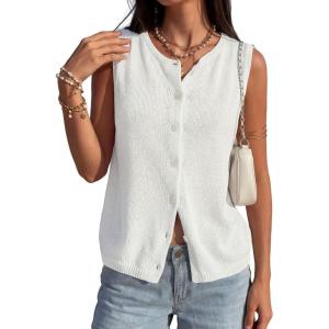 PRETTYGARDEN Sweater Vest Women 2026 Summer Sleeveless Cardigans Trendy Knit Vest Top Button Down Spring Sweater Tops(White)