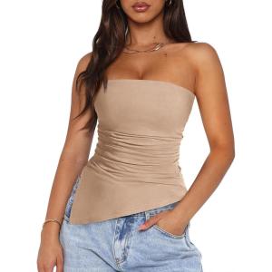PRETTYGARDEN Tube Tops for Women Trendy Summer 2026 Spring Fashion Going Out Y2K Clothes Asymmetrical Ruched Strapless Shirts(Apricot)