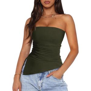 PRETTYGARDEN Tube Tops for Women Trendy Summer 2026 Spring Fashion Going Out Y2K Clothes Asymmetrical Ruched Strapless Shirts(Army Green)