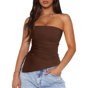 PRETTYGARDEN Tube Tops for Women Trendy Summer 2026 Spring Fashion Going Out Y2K Clothes Asymmetrical Ruched Strapless Shirts(Brown)