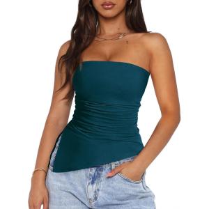 PRETTYGARDEN Tube Tops for Women Trendy Summer 2026 Spring Fashion Going Out Y2K Clothes Asymmetrical Ruched Strapless Shirts(Dark Blue)