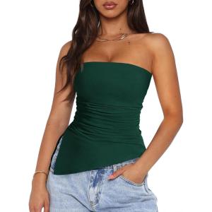 PRETTYGARDEN Tube Tops for Women Trendy Summer 2026 Spring Fashion Going Out Y2K Clothes Asymmetrical Ruched Strapless Shirts(Dark Green)