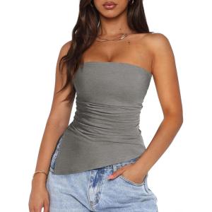 PRETTYGARDEN Tube Tops for Women Trendy Summer 2026 Spring Fashion Going Out Y2K Clothes Asymmetrical Ruched Strapless Shirts(Grey)