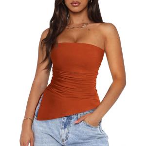 PRETTYGARDEN Tube Tops for Women Trendy Summer 2026 Spring Fashion Going Out Y2K Clothes Asymmetrical Ruched Strapless Shirts(Rust Red)