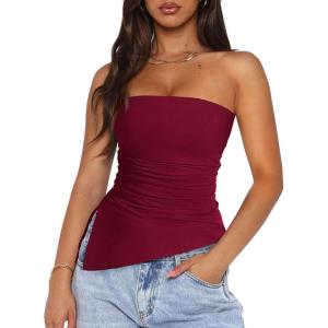 PRETTYGARDEN Tube Tops for Women Trendy Summer 2026 Spring Fashion Going Out Y2K Clothes Asymmetrical Ruched Strapless Shirts(Wine Red)