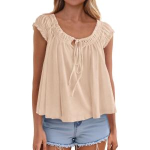 PRETTYGARDEN Women Babydoll Tops 2026 Summer Clothes Cap Sleeve Tie Front Flowy Tank Top Peplum Blouses Cute Going Out Shirts(Apricot)