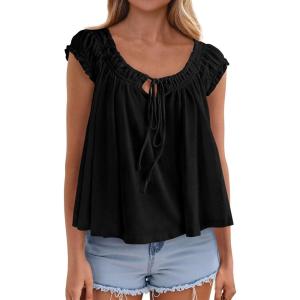 PRETTYGARDEN Women Babydoll Tops 2026 Summer Clothes Cap Sleeve Tie Front Flowy Tank Top Peplum Blouses Cute Going Out Shirts(Black)