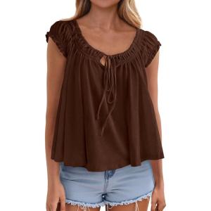 PRETTYGARDEN Women Babydoll Tops 2026 Summer Clothes Cap Sleeve Tie Front Flowy Tank Top Peplum Blouses Cute Going Out Shirts(Brown)