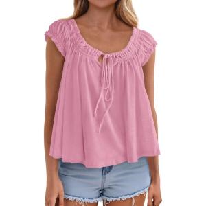 PRETTYGARDEN Women Babydoll Tops 2026 Summer Clothes Cap Sleeve Tie Front Flowy Tank Top Peplum Blouses Cute Going Out Shirts(Pink)