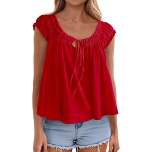 PRETTYGARDEN Women Babydoll Tops 2026 Summer Clothes Cap Sleeve Tie Front Flowy Tank Top Peplum Blouses Cute Going Out Shirts(Red)