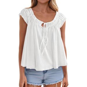 PRETTYGARDEN Women Babydoll Tops 2026 Summer Clothes Cap Sleeve Tie Front Flowy Tank Top Peplum Blouses Cute Going Out Shirts(White)