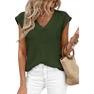 PRETTYGARDEN Women’s 2026 Lightweight Sweaters Vest Spring Trendy Cap Sleeve V Neck Knit Tank Tops Summer Going Out Outfits(Army Green)