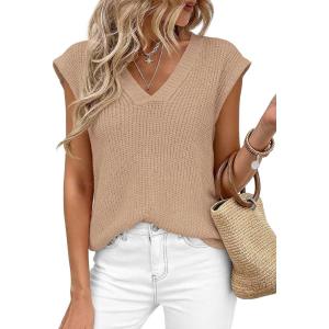 PRETTYGARDEN Women’s 2026 Lightweight Sweaters Vest Spring Trendy Cap Sleeve V Neck Knit Tank Tops Summer Going Out Outfits(Khaki)