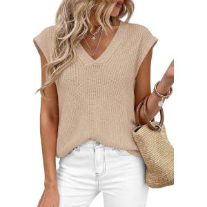 PRETTYGARDEN Women’s 2026 Lightweight Sweaters Vest Spring Trendy Cap Sleeve V Neck Knit Tank Tops Summer Going Out Outfits(Light Khaki)