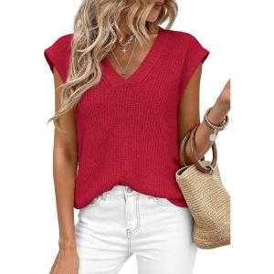 PRETTYGARDEN Women’s 2026 Lightweight Sweaters Vest Spring Trendy Cap Sleeve V Neck Knit Tank Tops Summer Going Out Outfits(Red)