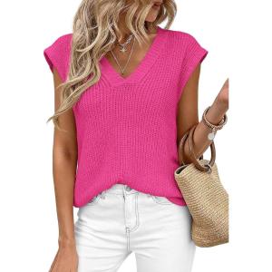 PRETTYGARDEN Women’s 2026 Lightweight Sweaters Vest Spring Trendy Cap Sleeve V Neck Knit Tank Tops Summer Going Out Outfits(Rose Red)