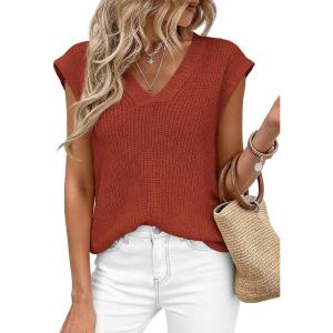 PRETTYGARDEN Women’s 2026 Lightweight Sweaters Vest Spring Trendy Cap Sleeve V Neck Knit Tank Tops Summer Going Out Outfits(Rust Red)