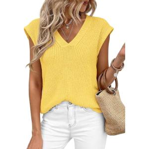 PRETTYGARDEN Women’s 2026 Lightweight Sweaters Vest Spring Trendy Cap Sleeve V Neck Knit Tank Tops Summer Going Out Outfits(Yellow)