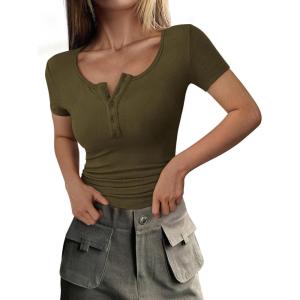 PRETTYGARDEN Womens 2026 Summer Short Sleeve Tops Ribbed Henley Button Slim Fit Basic Casual T Shirts Blouse Fashion Clothing(Army Green)