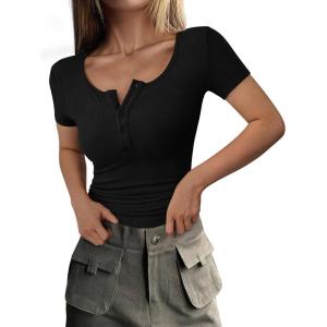 PRETTYGARDEN Womens 2026 Summer Short Sleeve Tops Ribbed Henley Button Slim Fit Basic Casual T Shirts Blouse Fashion Clothing(Black)