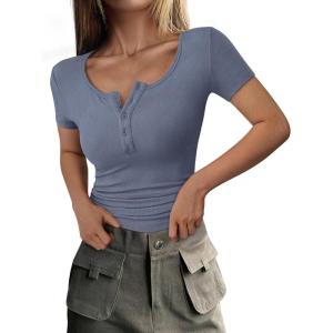PRETTYGARDEN Womens 2026 Summer Short Sleeve Tops Ribbed Henley Button Slim Fit Basic Casual T Shirts Blouse Fashion Clothing(Blue Grey)
