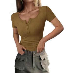 PRETTYGARDEN Womens 2026 Summer Short Sleeve Tops Ribbed Henley Button Slim Fit Basic Casual T Shirts Blouse Fashion Clothing(Brown Camel)