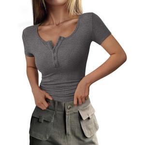 PRETTYGARDEN Womens 2026 Summer Short Sleeve Tops Ribbed Henley Button Slim Fit Basic Casual T Shirts Blouse Fashion Clothing(Charcoal)