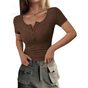PRETTYGARDEN Womens 2026 Summer Short Sleeve Tops Ribbed Henley Button Slim Fit Basic Casual T Shirts Blouse Fashion Clothing(Coffee)
