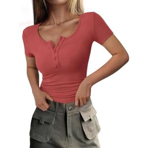 PRETTYGARDEN Womens 2026 Summer Short Sleeve Tops Ribbed Henley Button Slim Fit Basic Casual T Shirts Blouse Fashion Clothing(Coral Red)
