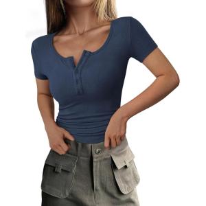 PRETTYGARDEN Womens 2026 Summer Short Sleeve Tops Ribbed Henley Button Slim Fit Basic Casual T Shirts Blouse Fashion Clothing(Dark Blue)