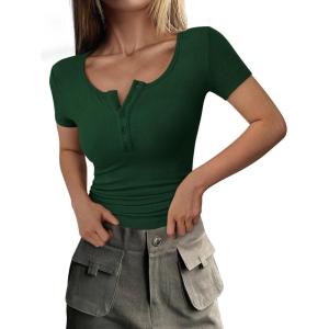 PRETTYGARDEN Womens 2026 Summer Short Sleeve Tops Ribbed Henley Button Slim Fit Basic Casual T Shirts Blouse Fashion Clothing(Dark Green)