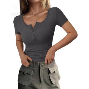 PRETTYGARDEN Womens 2026 Summer Short Sleeve Tops Ribbed Henley Button Slim Fit Basic Casual T Shirts Blouse Fashion Clothing(Dark Grey)