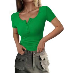 PRETTYGARDEN Womens 2026 Summer Short Sleeve Tops Ribbed Henley Button Slim Fit Basic Casual T Shirts Blouse Fashion Clothing(Green)
