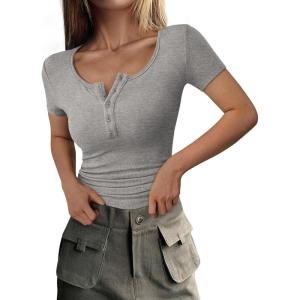 PRETTYGARDEN Womens 2026 Summer Short Sleeve Tops Ribbed Henley Button Slim Fit Basic Casual T Shirts Blouse Fashion Clothing(Grey)