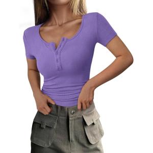 PRETTYGARDEN Womens 2026 Summer Short Sleeve Tops Ribbed Henley Button Slim Fit Basic Casual T Shirts Blouse Fashion Clothing(Grey Purple)