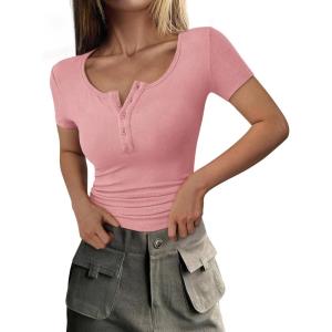 PRETTYGARDEN Womens 2026 Summer Short Sleeve Tops Ribbed Henley Button Slim Fit Basic Casual T Shirts Blouse Fashion Clothing(Pink)