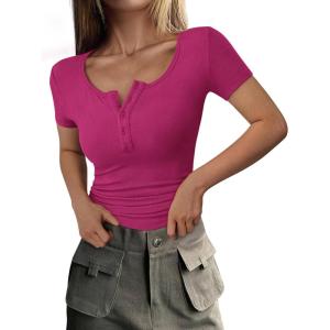 PRETTYGARDEN Womens 2026 Summer Short Sleeve Tops Ribbed Henley Button Slim Fit Basic Casual T Shirts Blouse Fashion Clothing(Rose Red)