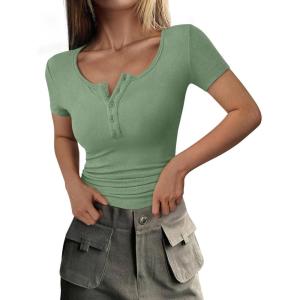 PRETTYGARDEN Womens 2026 Summer Short Sleeve Tops Ribbed Henley Button Slim Fit Basic Casual T Shirts Blouse Fashion Clothing(Sage Green)