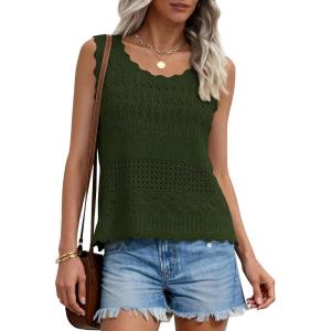 PRETTYGARDEN Womens Crochet Tank Tops 2026 Summer Spring Sleeveless Tops Cute Sweater Vest Trendy Boho Beach Vacation Clothes(Army Green)