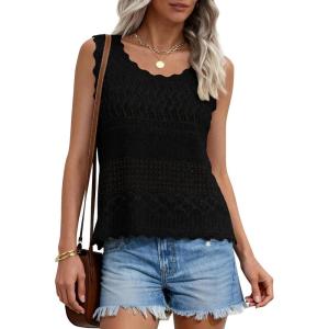 PRETTYGARDEN Womens Crochet Tank Tops 2026 Summer Spring Sleeveless Tops Cute Sweater Vest Trendy Boho Beach Vacation Clothes(Black)