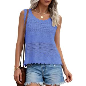PRETTYGARDEN Womens Crochet Tank Tops 2026 Summer Spring Sleeveless Tops Cute Sweater Vest Trendy Boho Beach Vacation Clothes(Blue)