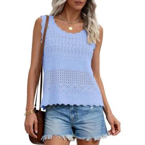 PRETTYGARDEN Womens Crochet Tank Tops 2026 Summer Spring Sleeveless Tops Cute Sweater Vest Trendy Boho Beach Vacation Clothes(Light Blue)