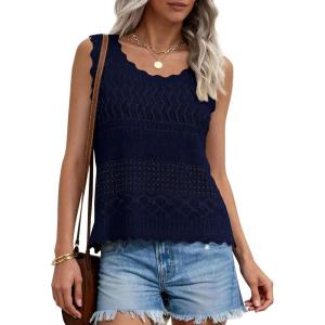 PRETTYGARDEN Womens Crochet Tank Tops 2026 Summer Spring Sleeveless Tops Cute Sweater Vest Trendy Boho Beach Vacation Clothes(Navy Blue)