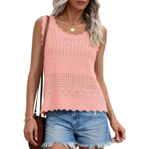PRETTYGARDEN Womens Crochet Tank Tops 2026 Summer Spring Sleeveless Tops Cute Sweater Vest Trendy Boho Beach Vacation Clothes(Pink)